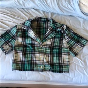 Cropped fit collared button up top blue plaid